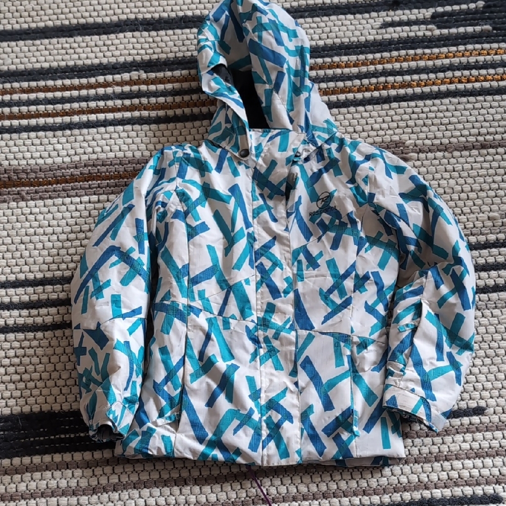 Rossignol Kids White Jacket with Teal & Blue Geometric Print